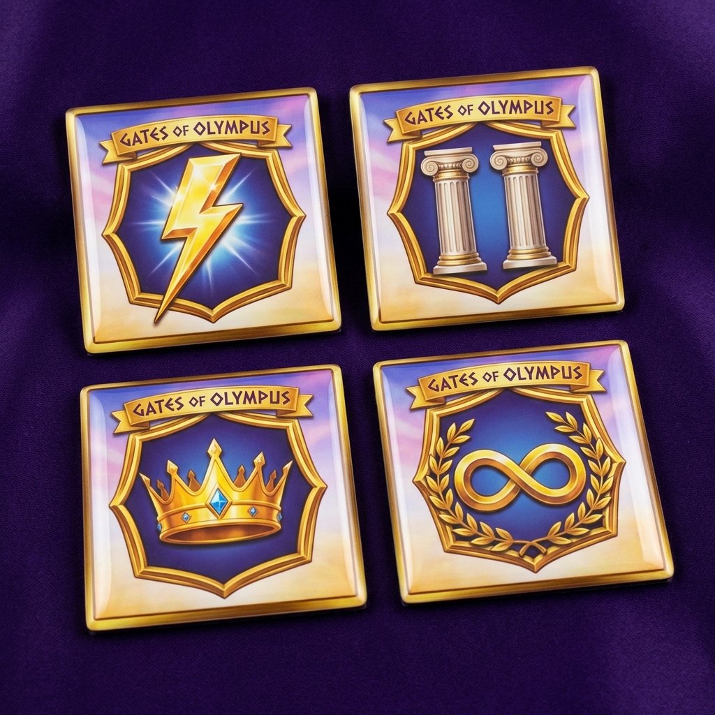 Gates of Olympus symbol tiles — lightning bolt, crown, columns