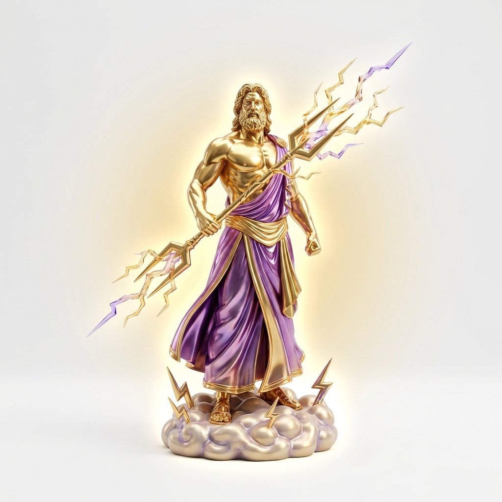 Zeus golden collectible statue holding lightning bolt staff