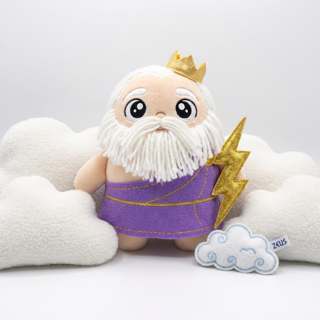 Zeus plush collectible toy with gold crown and lightning bolt